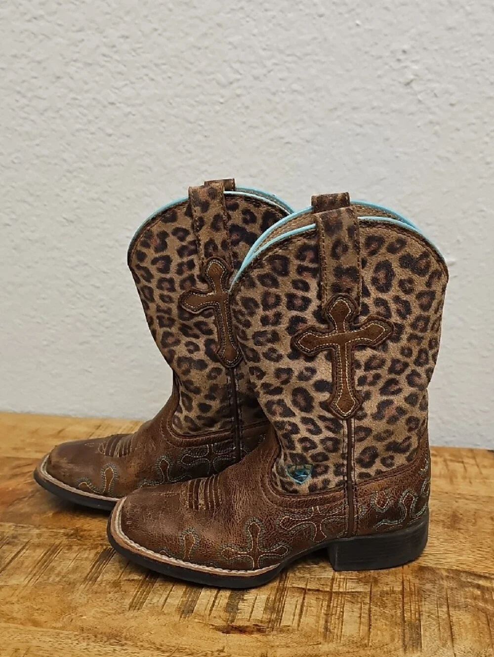 Ariat Brown Leopard-Print Kids Western Boots with Turquoise Trim